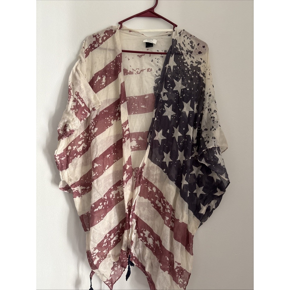 4th Of July David and Young 2X American Flag Kimono Cover Up Patriotic Tassel